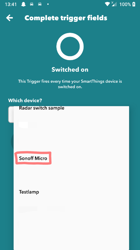 SmartThings on IFTTT: select trigger - switch on