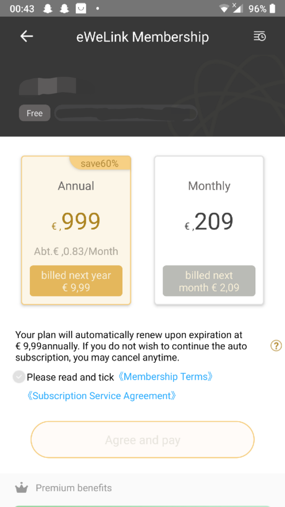 eWeLink app payment intervals