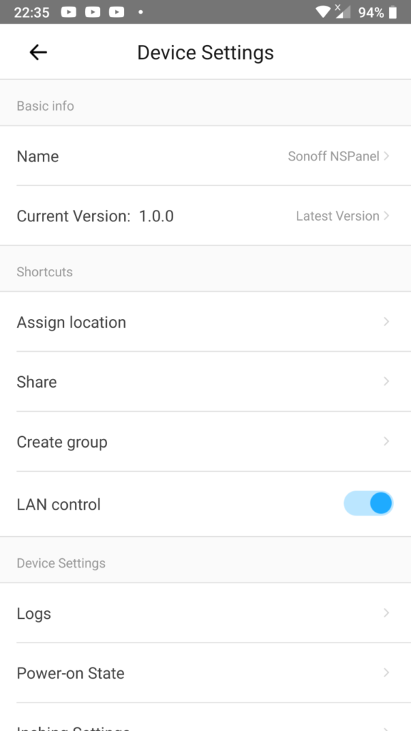 Sonoff NSPanel: device settings (1/2)
