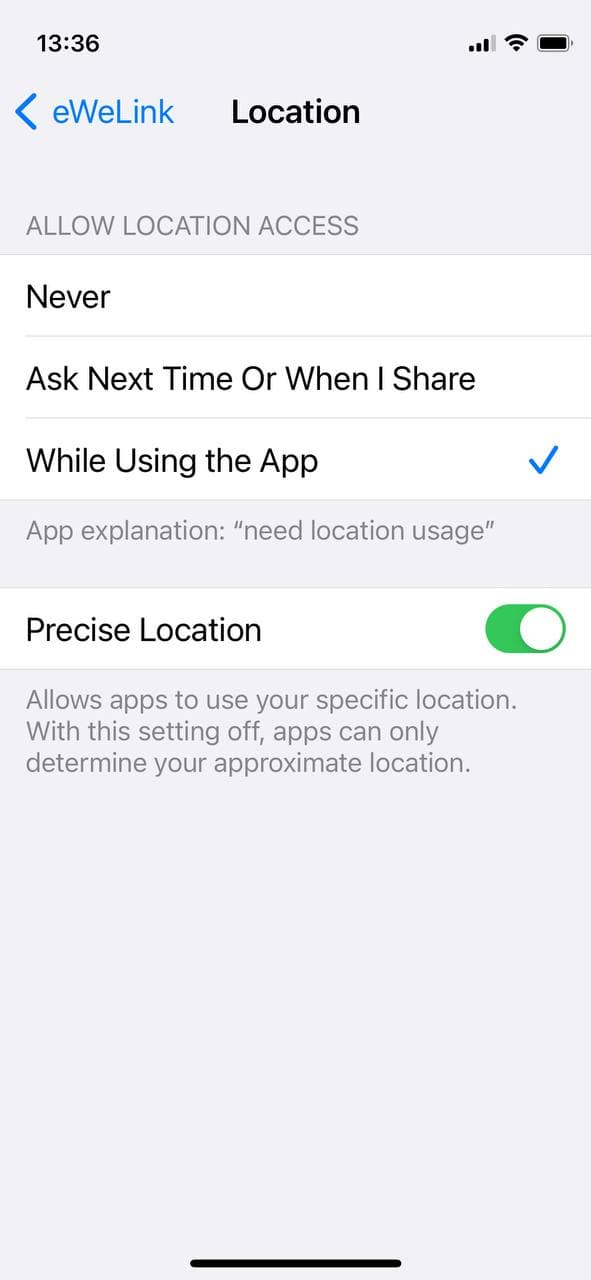 iOS pairing issue / SSID not prefilled: location setting for eWeLink app