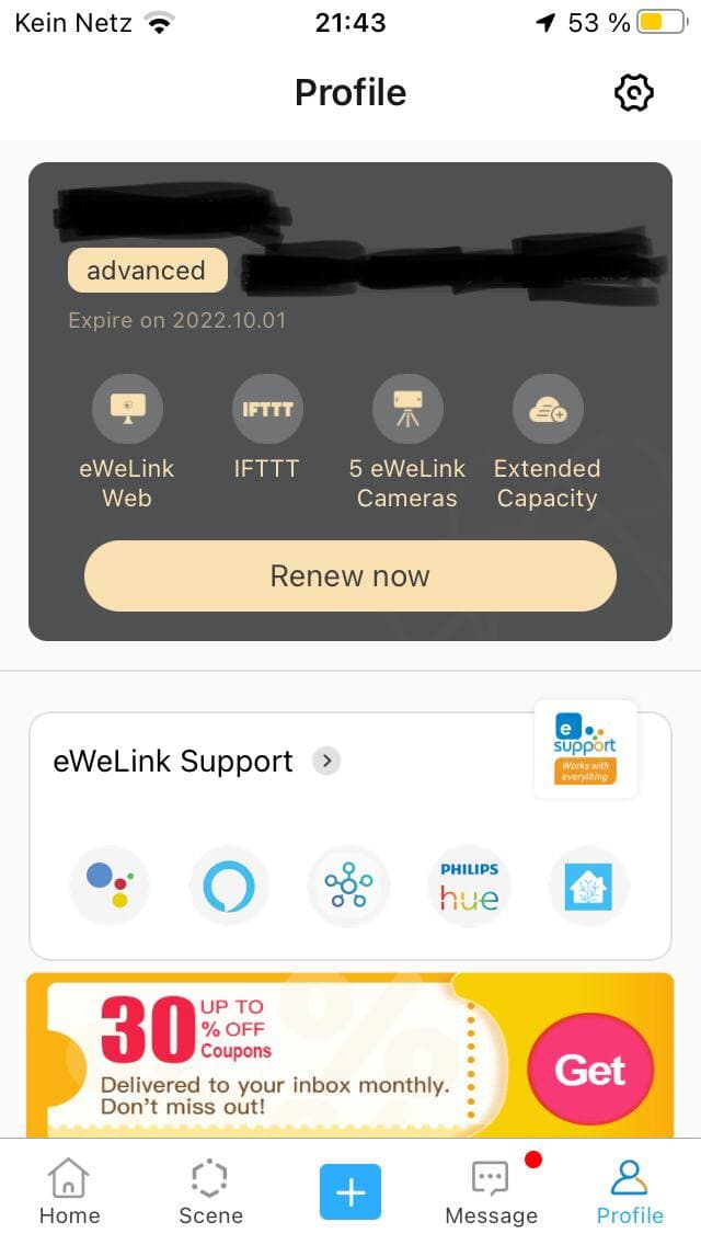 eWeLink widget on iOS Today View: Profile screen of eWeLink app