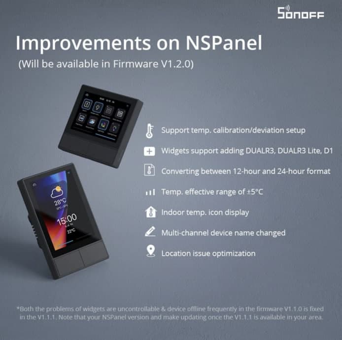 List of improvements in firmware 1.2.0 for Sonoff NSPanel