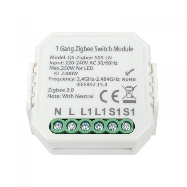 SmartWise 1-gang Zigbee switch 230V L+N: front, bottom (1)