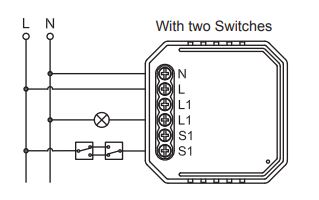 SmartWise 1-gang Zigbee switch 230V L+N: wiring scheme - 2 switches