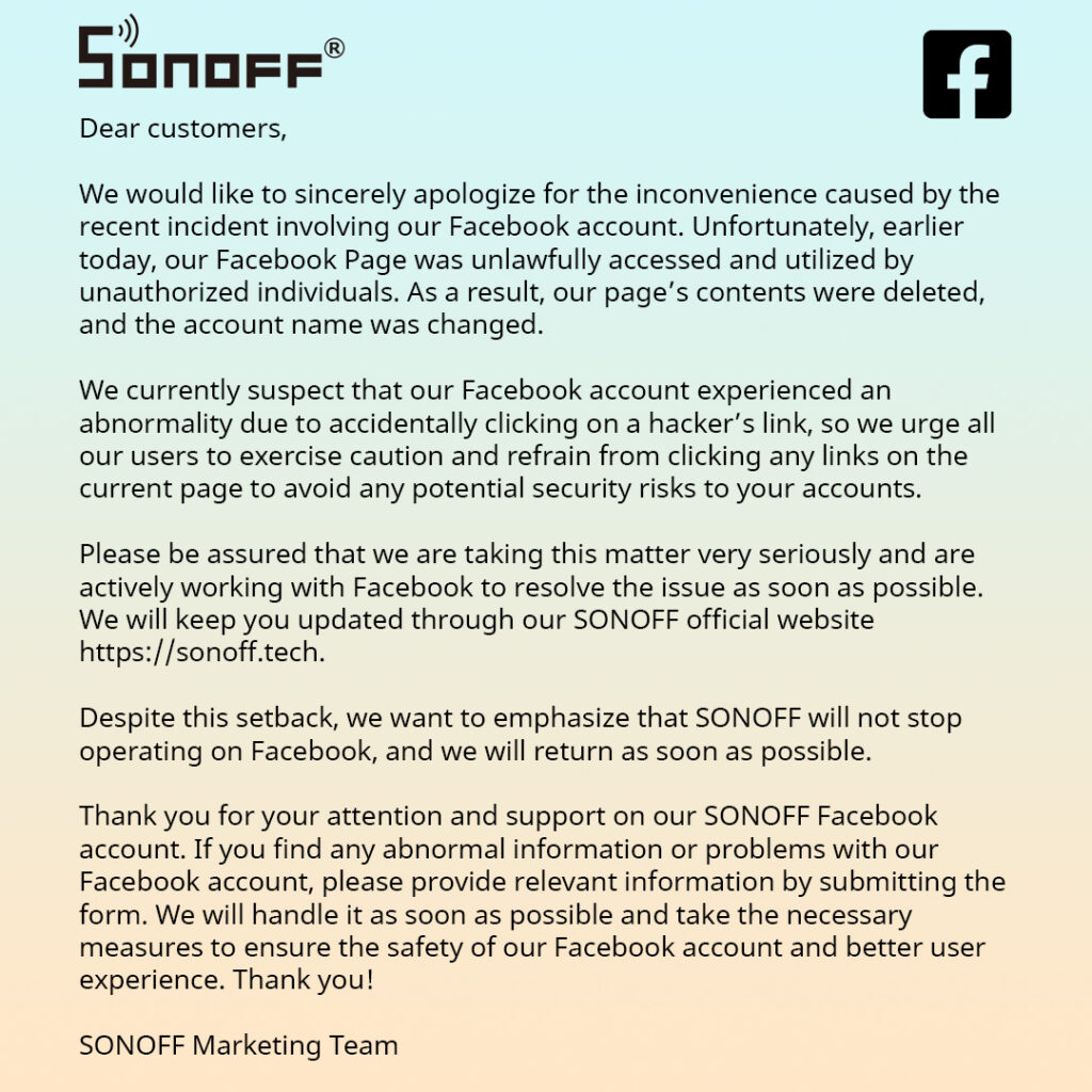 Sonoff's statement about their hacked Facebook page